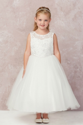 Girls Dress Style 5747 - Embroidered Illusion Neckline Gown in Ivory