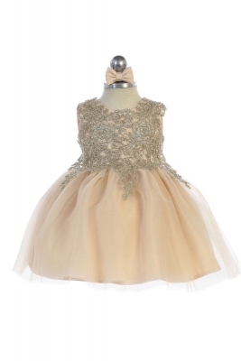 Girls Dress Style 5771s - CHAMPAGNE Short Gown with Metallic Embroidery Embellishments