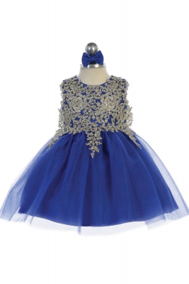 Girls Dress Style 5771s - ROYAL BLUE Short Gown with Metallic Embroidery Embellishments