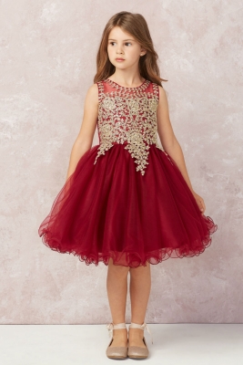 Girls Dress Style 7013 - BURGUNDY Short Gown with Gold Embroidery Embellishments