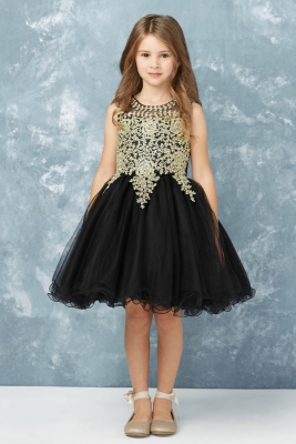 Girls Dress Style 7013 - BLACK Short Gown with Gold Embroidery Embellishments