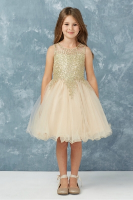Girls Dress Style 7013 - CHAMPAGNE Short Gown with Gold Embroidery Embellishments