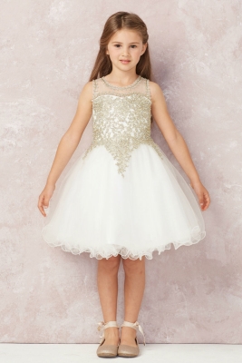 Girls Dress Style 7013 - IVORY Short Gown with Gold Embroidery Embellishments