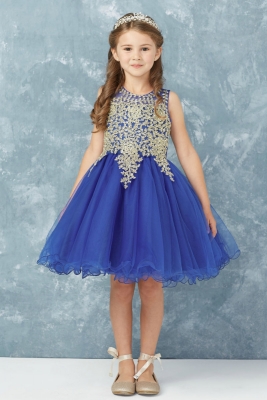 Girls Dress Style 7013 - ROYAL BLUE Short Gown with Gold Embroidery Embellishments