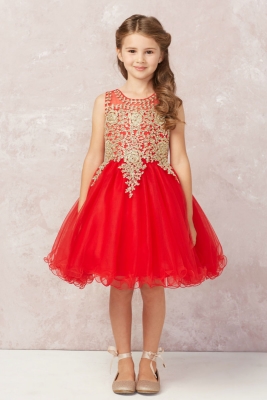 Girls Dress Style 7013 - RED Short Gown with Gold Embroidery Embellishments