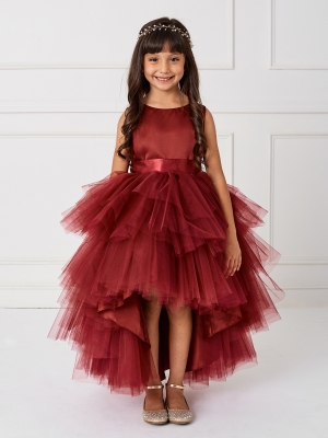 Girls Dress Style 5658 - Satin and Tulle High Low Dress In Burgundy