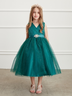 Girls Dress Style 5698 - EMERALD Sparkly Tulle Dress with Matching Rhinestone Sash