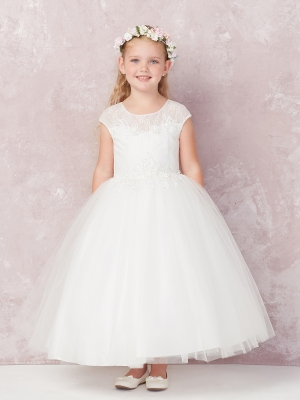 Girls Dress Style 5755 - IVORY Cap Short Sleeve Embroidered Gown