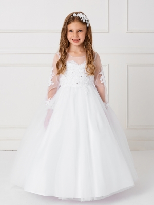 Girls Dress Style 5780 - Illusion Neckline With Scalloped Edging and Lace Hem in White