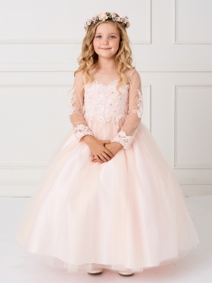 Girls Dress Style 5780 - Illusion Neckline With Scalloped Edging and Lace Hem in Blush