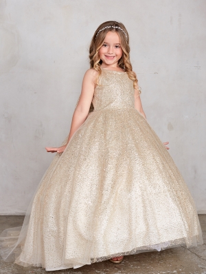 Girls Dress Style 5804 - Glitter Train Dress with Big Bow in Gold