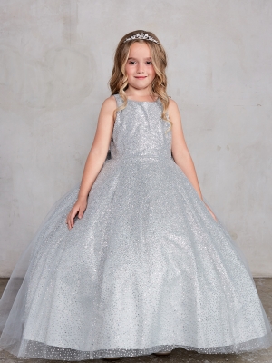 Glitter Train Dress with Big Bow in Silver