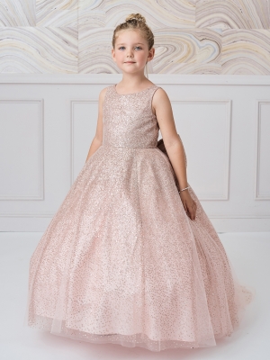 Girls Dress Style 5804 - Glitter Train Dress with Big Bow in Rose Gold