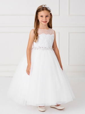 Girls Dress Style 5805 - White Illusion Neckline Dress with Lace bodice and Choice of Sash