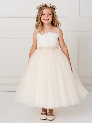 Girls Dress Style 5805 - Champagne Illusion Neckline Dress with Lace bodice and Choice of Sash