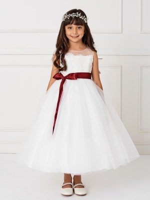 Girls Dress Style 5805 - Ivory Illusion Neckline Dress with Lace bodice and Choice of Sash