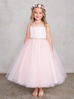 Girls Dress Style 5805 - Blush Illusion Neckline Dress with Lace bodice and Choice of Sash