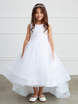 White Illusion Neckline Dress with Lace Applique Bodice and Skirt