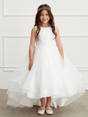 Ivory Illusion Neckline Dress with Lace Applique Bodice and Skirt
