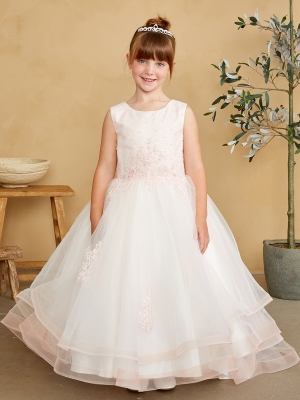 Blush Illusion Neckline Dress with Lace Applique Bodice and Skirt