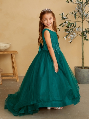 Emerald Illusion Neckline Dress with Lace Applique Bodice and Skirt
