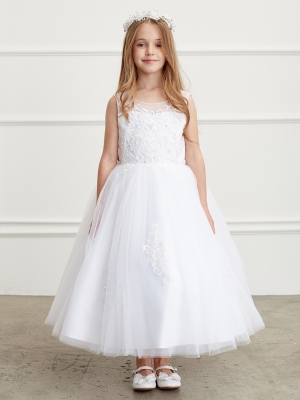 White Illusion Neckline Dress with Lace Applique Bodice and Skirt