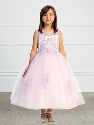 Lilac Illusion Neckline Dress with Lace Applique Bodice and Skirt