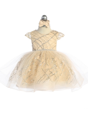 Gold Cap Sleeve Glitter Dress with Rhinestone Waistline