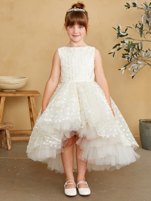 Ivory Beaded High-Low Dress with 3D Flowers