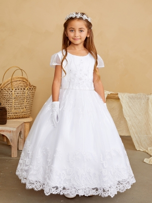 White Lace Applique Dress with Rhinestone Waist
