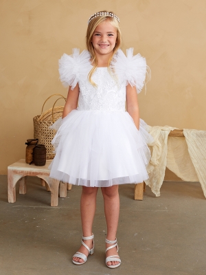White Ruffle Sleeved Dress with Glitter Lace Bodice