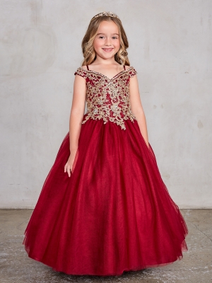 Girls Dress Style 7024 - Gorgeous Off Shoulder Spaghetti Strap Dress with Gold Lace In Burgundy