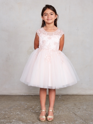Girls Dress Style 7026 - Illusion Neckline Short Dress with Sequin Floral Applique in Blush