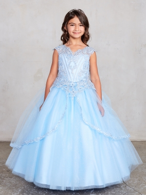 Illusion Neckline Dress with Split Lace Tulle Skirt in Sky Blue