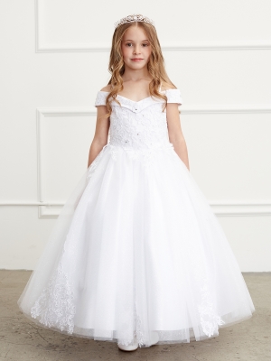 White Off Shoulder Ball Gown with Lace Applique Details