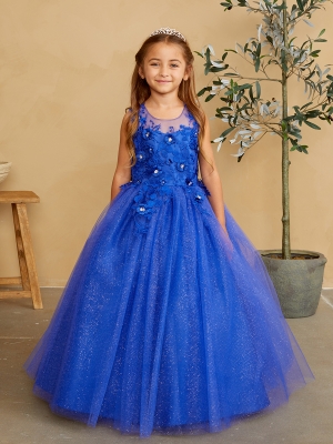 Royal Blue Illusion Neckline Dress with 3D Floral Details