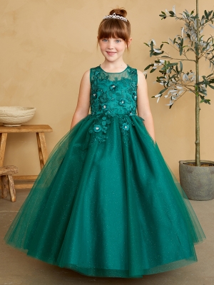 Emerald Illusion Neckline Dress with 3D Floral Details