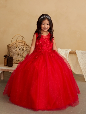 Red Illusion Neckline Dress with 3D Floral Details