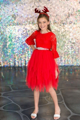 Red Lace Bell Sleeve Dress with Tutu Skirt
