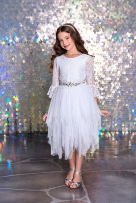 White Lace Bell Sleeve Dress with Tutu Skirt