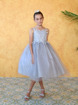 Girls Dress Style B778 - SILVER-SILVER - Embroidered Bodice with Tulle Skirt