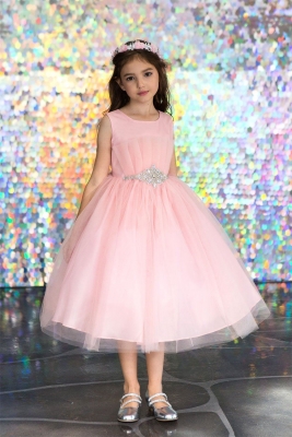 Blush Tulle Dress with Pleated Bodice and Beaded Waist