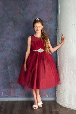 Burgundy Tulle Dress with Pleated Bodice and Beaded Waist