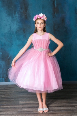 Dusty Pink Tulle Dress with Pleated Bodice and Beaded Waist