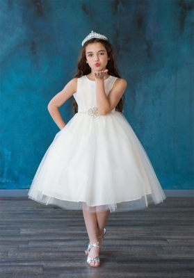 Ivory Tulle Dress with Pleated Bodice and Beaded Waist