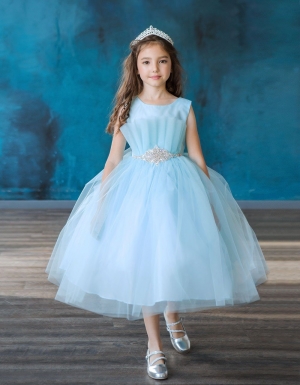 Light Blue Tulle Dress with Pleated Bodice and Beaded Waist