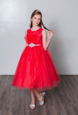 Red Tulle Dress with Pleated Bodice and Beaded Waist