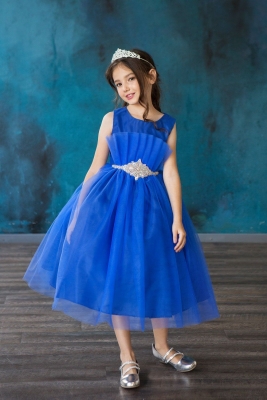 Royal Blue Tulle Dress with Pleated Bodice and Beaded Waist