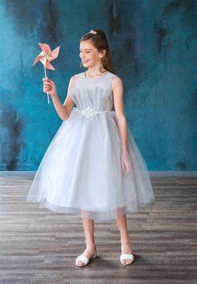 Silver Tulle Dress with Pleated Bodice and Beaded Waist