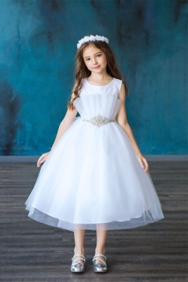 White Tulle Dress with Pleated Bodice and Beaded Waist
